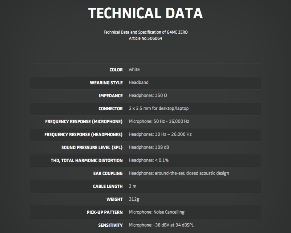 Sennheiser G4ME SERIES G4ME ZERO Gaming Headset Specifications