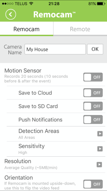 Remocam App Motion Settings